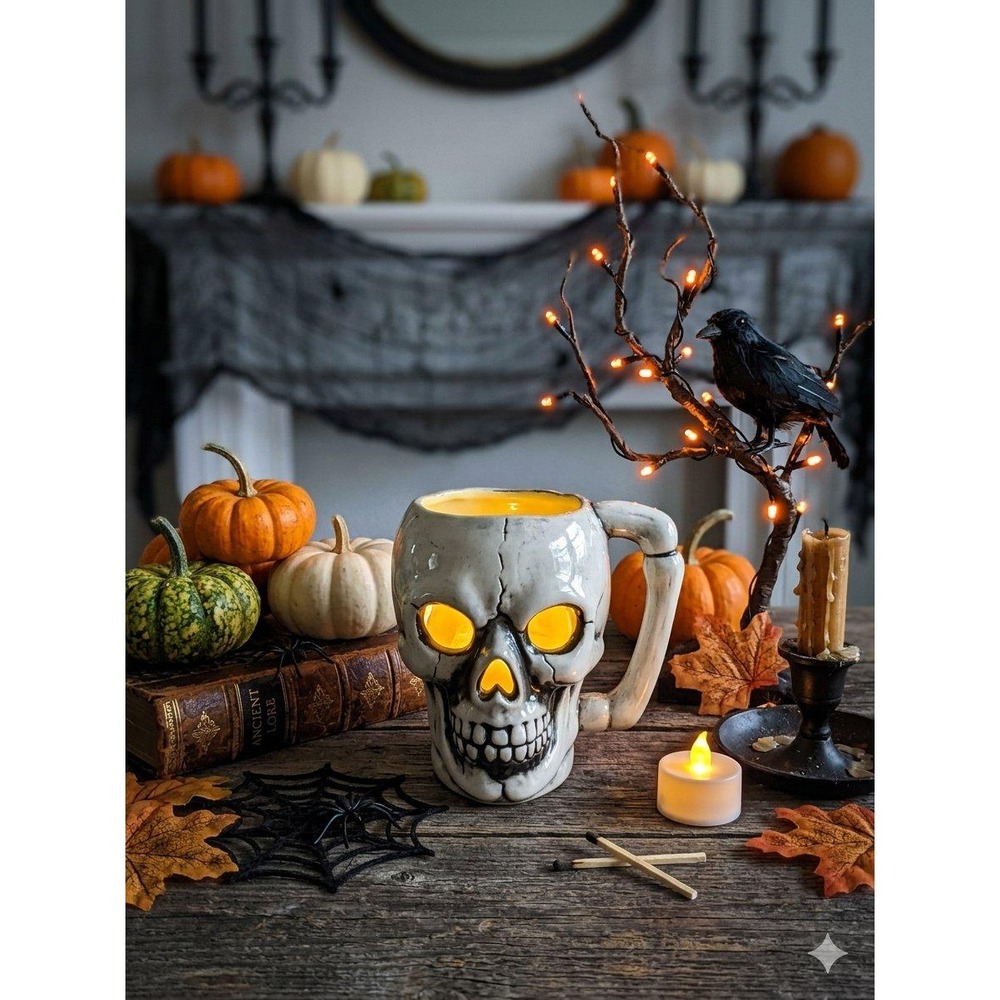 Vintage Handthrown Ceramic Skull Mug Votive Candle Holder Spooky Halloween Decor - Picture 2 of 13